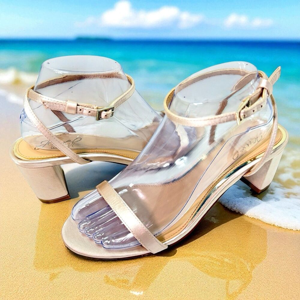 Badgley Mischka Y2K 90s Vibe Rose Satin Formal Bridal Cuban Heel Sandals Size 8 - Picture 2 of 11